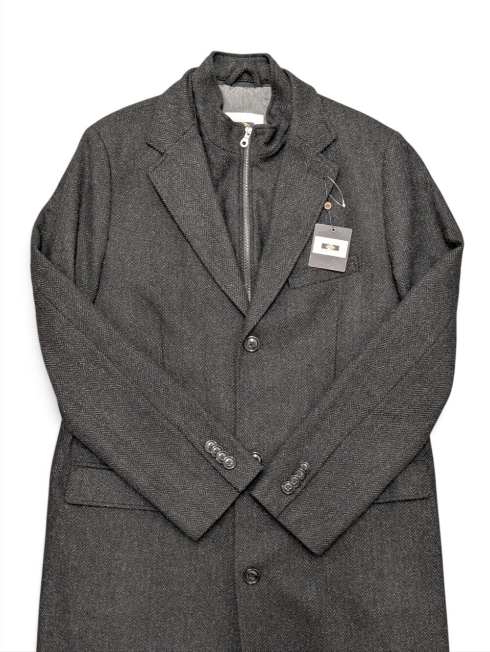 Joseph Abboud Wool Black/Charcoal  Herringbone Overcoat Zip-Front Layer 44 Long